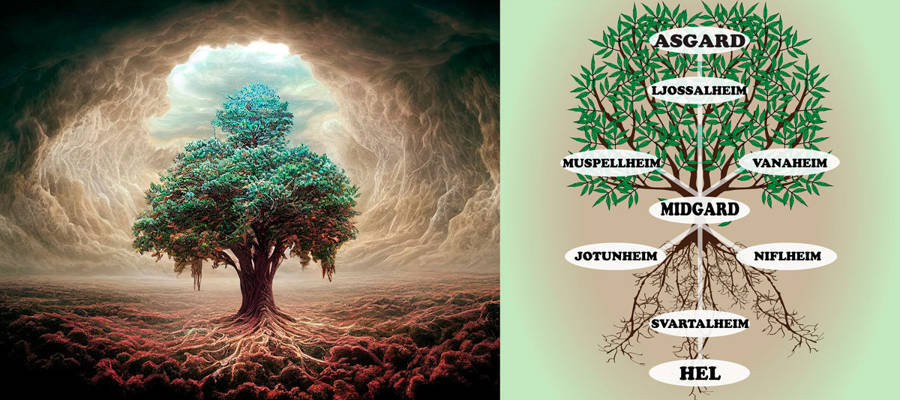 El fresno Yggdrasil o árbol de la vida mantiene unidos con sus ramas y raíces los nueve mundos nórdicos.