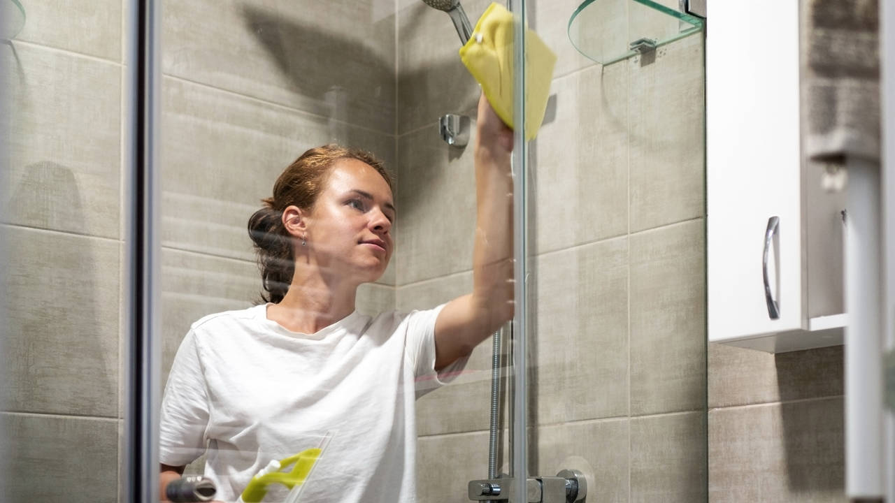 Mujer limpiando la mampara de ducha