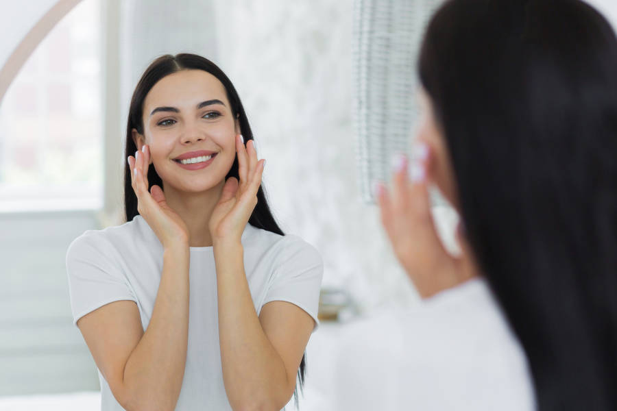 Mujer contemplando su rostro en un espejo