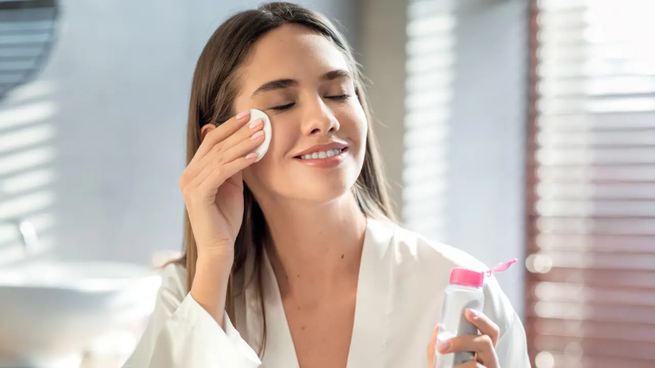 Mujer aplicándose agua micelar