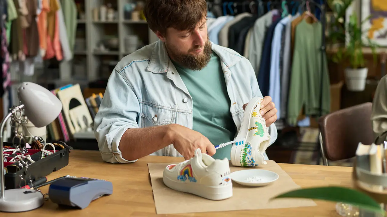 Hombre limpiando zapatillas con un cepillo de dientes