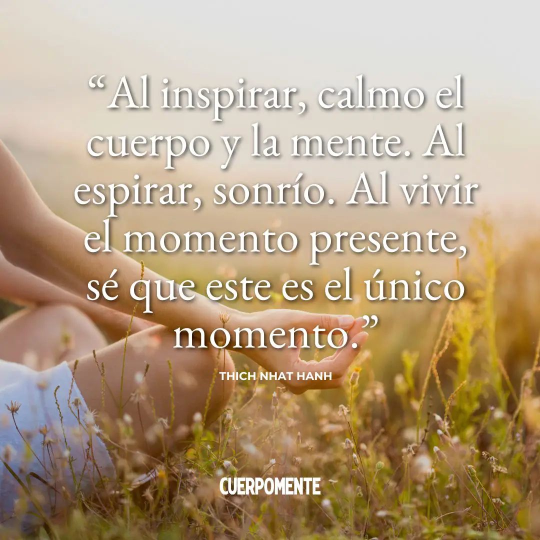 Frases del budismo: 2. "Al inspirar, calmo el cuerpo y la mente. Al espirar, sonrío. Al vivir el momento presente, sé que este es el único momento." Thich Nhat Hanh