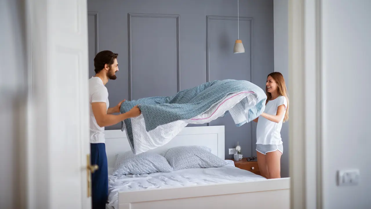 Pareja haciendo la cama