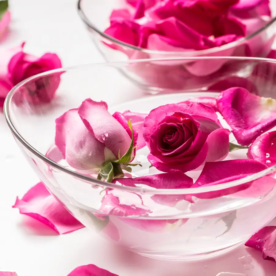 Flores rosadas en cuenco con agua