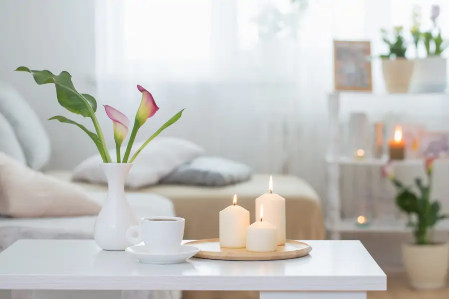 Salón de estar con velas, flores y plantas