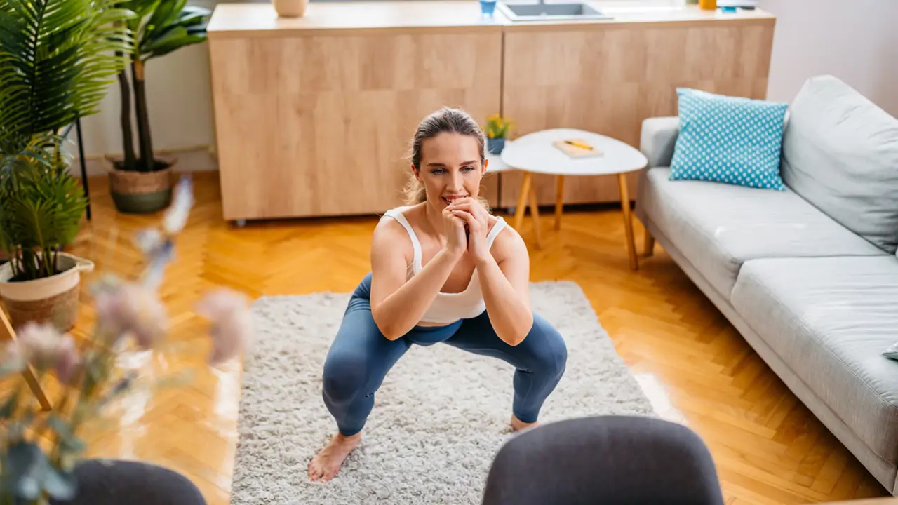 Mujer sentadilla en casa